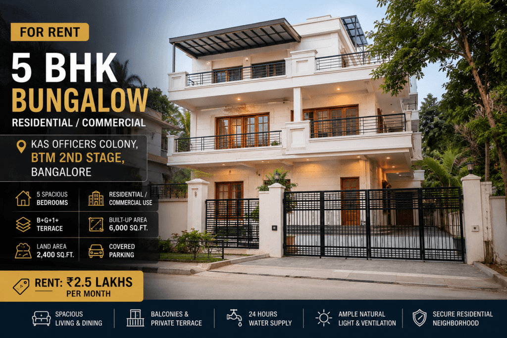 5 BHK semi-furnished independent bungalow for rent in KAS Officers Colony, BTM 2nd Stage, Bangalore suitable for residential and commercial use