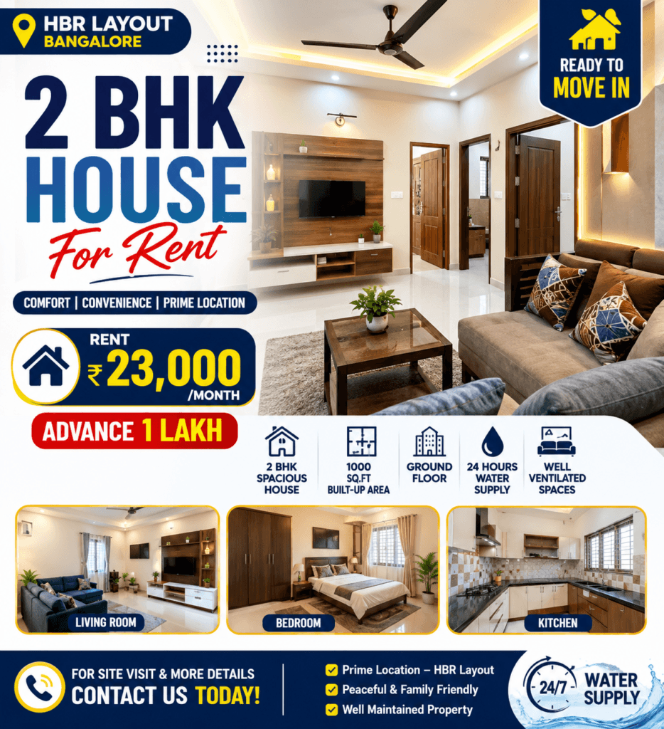2 BHK House for Rent in HBR Layout