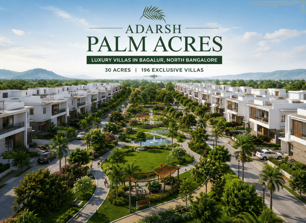 Aerial view of Adarsh Palm Acres Bagalur premium villa community with landscaped gardens and luxury villas