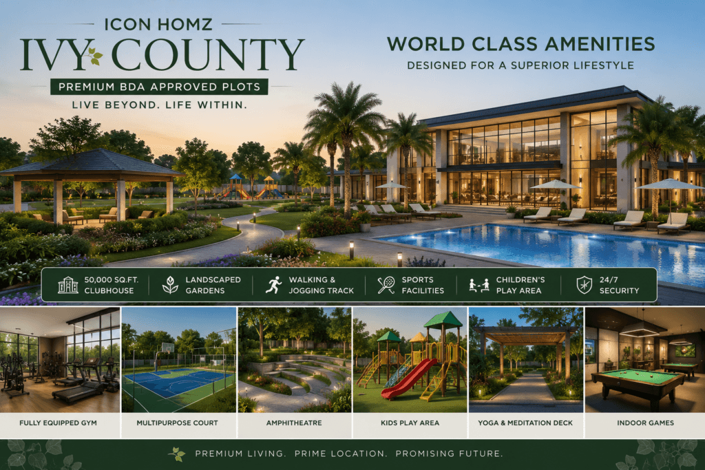 Icon Homz Ivy County world-class amenities featuring a 50,000 sq. ft. clubhouse, swimming pool, landscaped gardens, sports facilities, gym, and recreational spaces.
