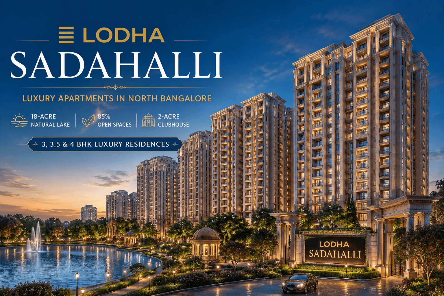 Lodha Sadahalli premium apartment towers in North Bangalore showcasing neo-classical architecture and luxury residences overlooking a natural lake
