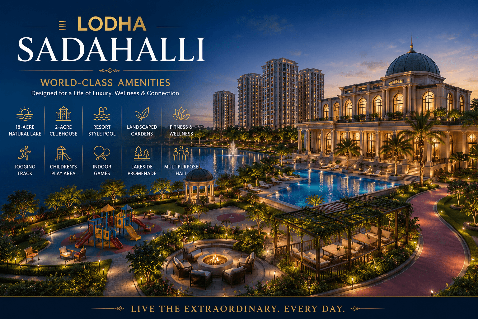 Lodha Sadahalli world-class amenities featuring grand clubhouse, swimming pool, landscaped gardens, children's play area and lakeside lifestyle spaces