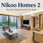 "Nikoo Homes 2 resale apartments for sale in Bhartiya City Thanisandra Bangalore featuring a premium modern living room, spacious dining area, balcony view, and luxury apartment interiors."
