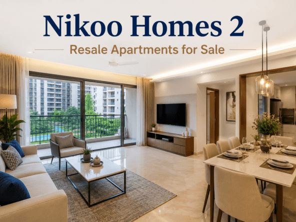 "Nikoo Homes 2 resale apartments for sale in Bhartiya City Thanisandra Bangalore featuring a premium modern living room, spacious dining area, balcony view, and luxury apartment interiors."