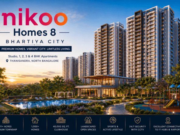 Nikoo Homes 8 Bhartiya City premium apartment township in Thanisandra with luxury clubhouse, swimming pool, landscaped gardens, and high-rise residential towers.