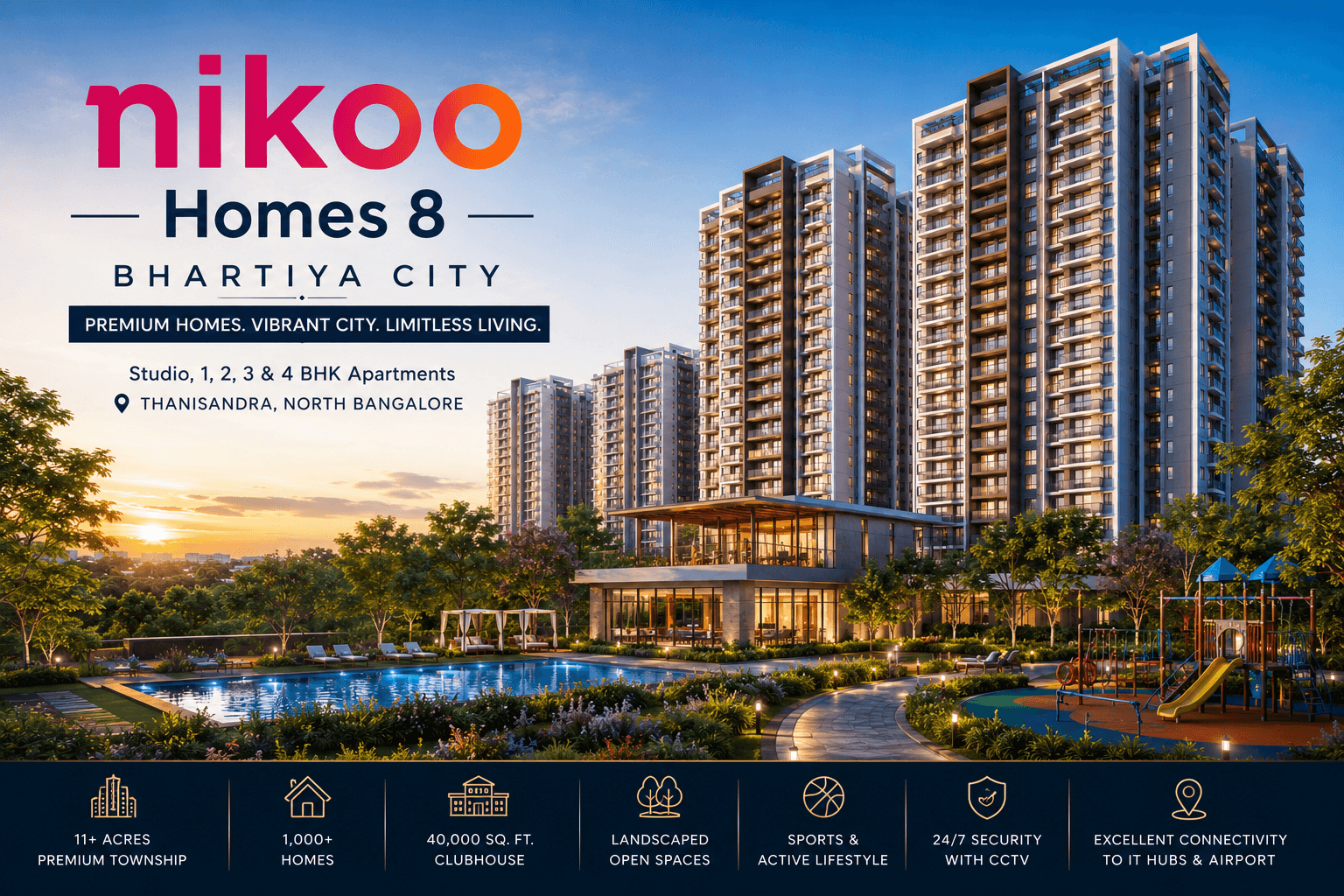 Nikoo Homes 8 Bhartiya City premium apartment township in Thanisandra with luxury clubhouse, swimming pool, landscaped gardens, and high-rise residential towers.