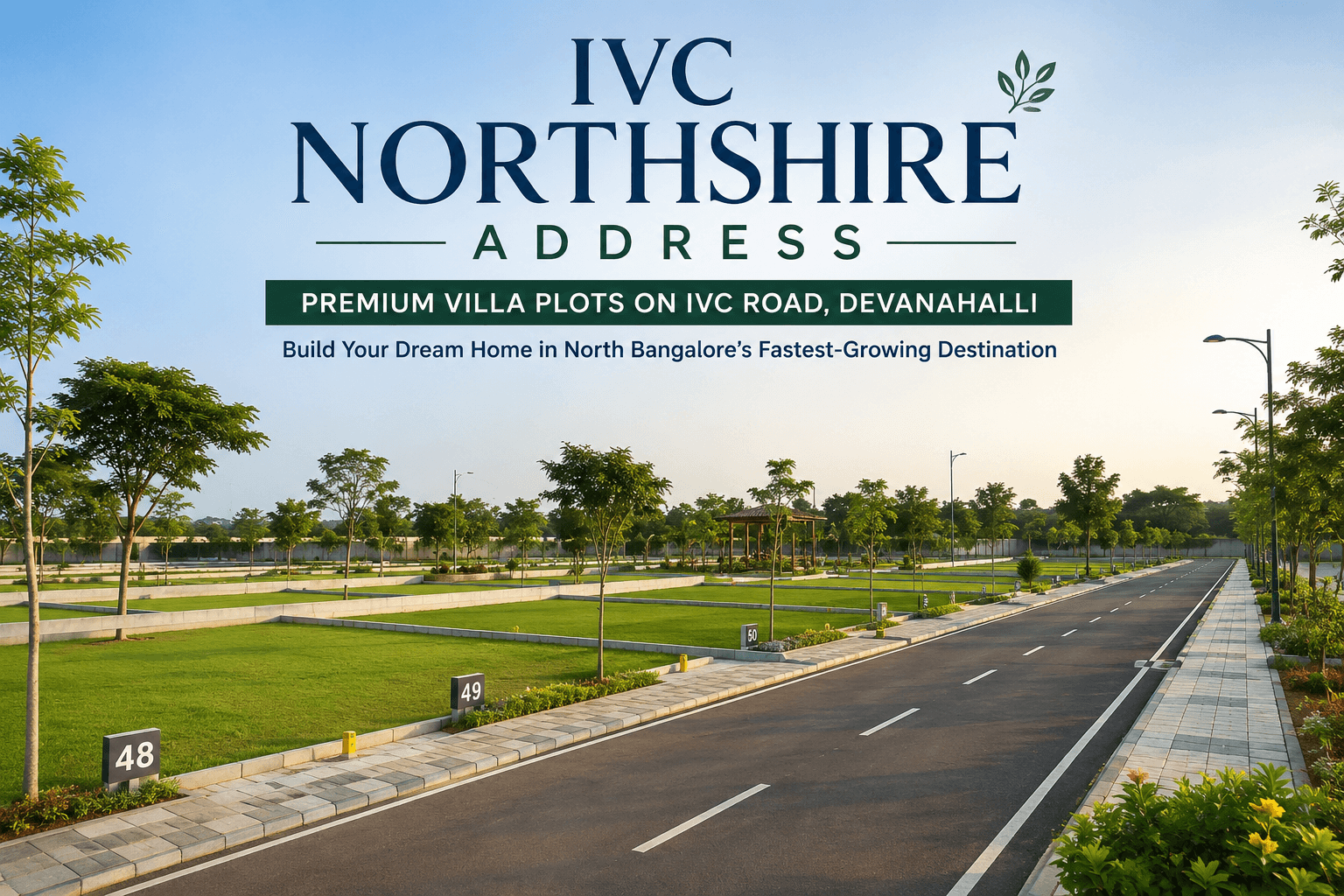 IVC Northshire Address plotted development in Devanahalli featuring premium villa plots, wide internal roads, landscaped gardens, and green open spaces