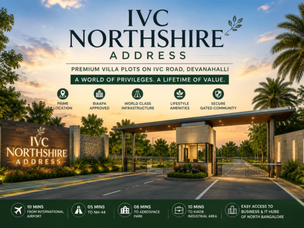 IVC Northshire Address premium villa plots on IVC Road Devanahalli with grand gated entrance, landscaped roads, and modern infrastructure in North Bangalore