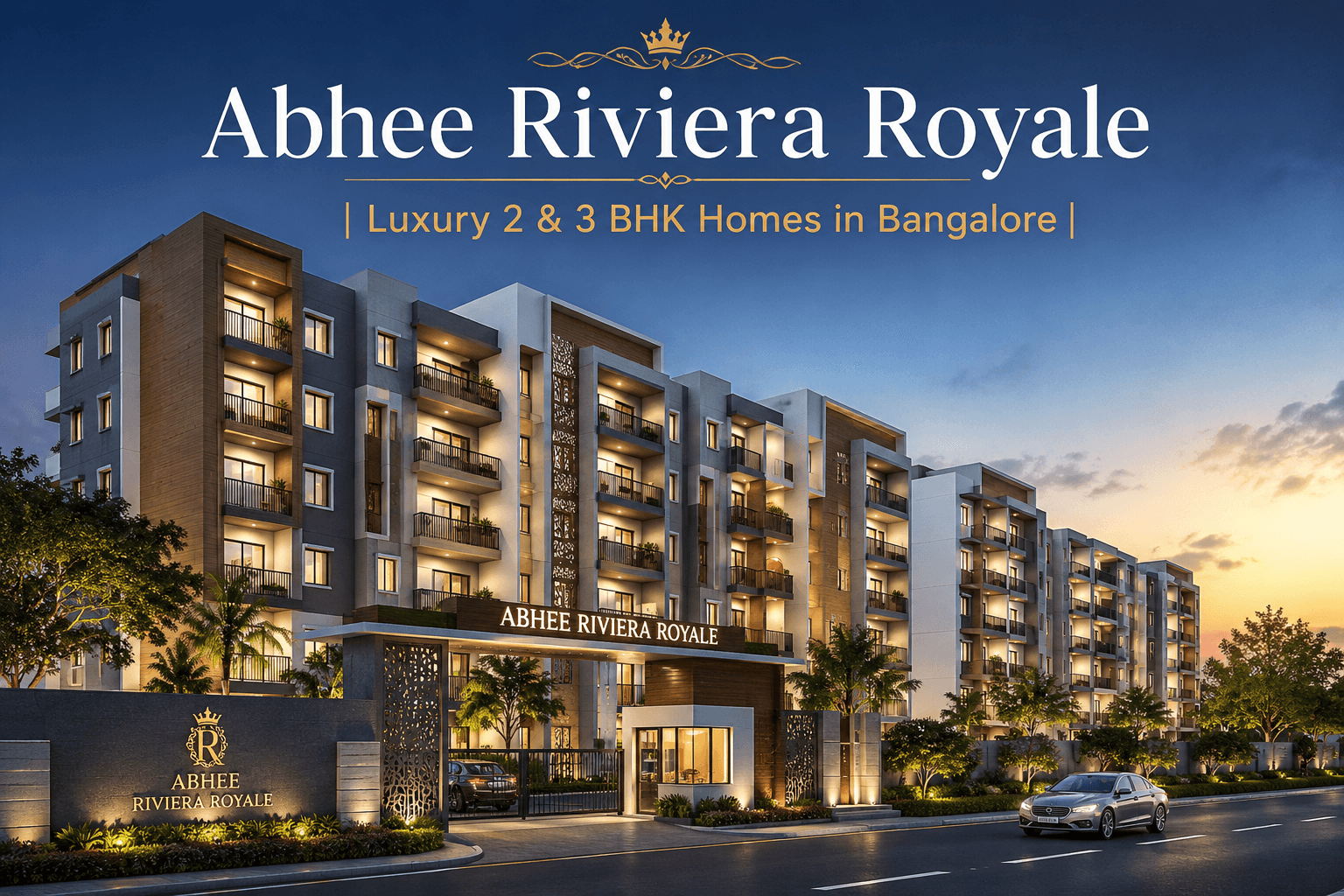 Front view of Abhee Riviera Royale premium apartment building in HSR Extension Bangalore featuring modern architecture and gated community entrance