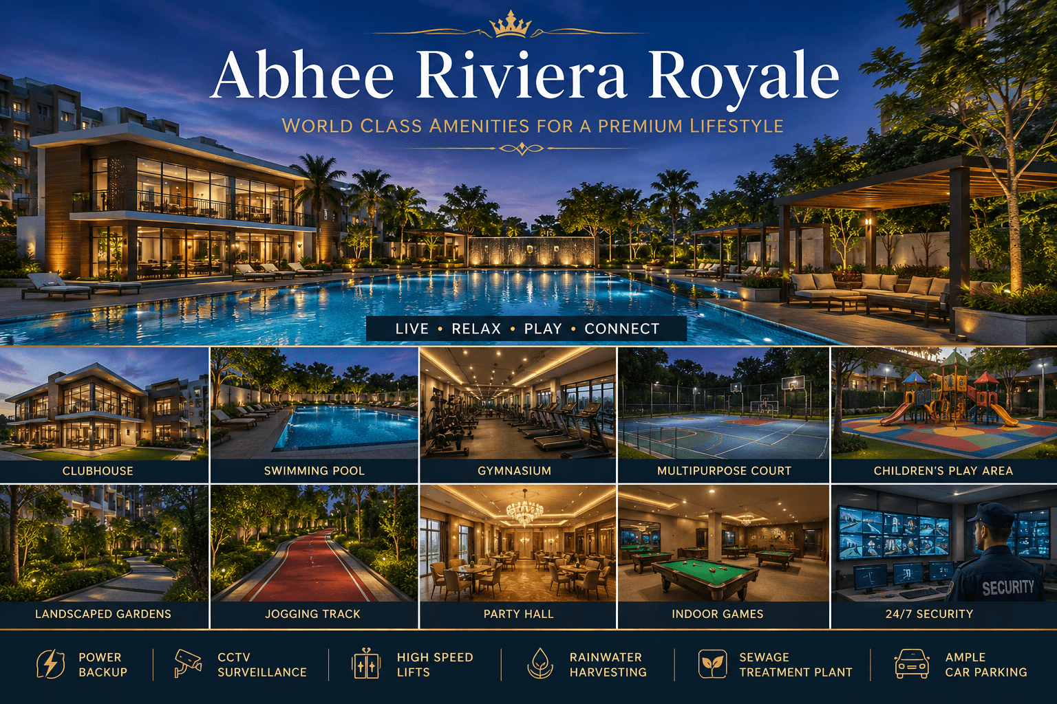 World-class amenities at Abhee Riviera Royale including clubhouse, swimming pool, gymnasium, landscaped gardens, and children's play area