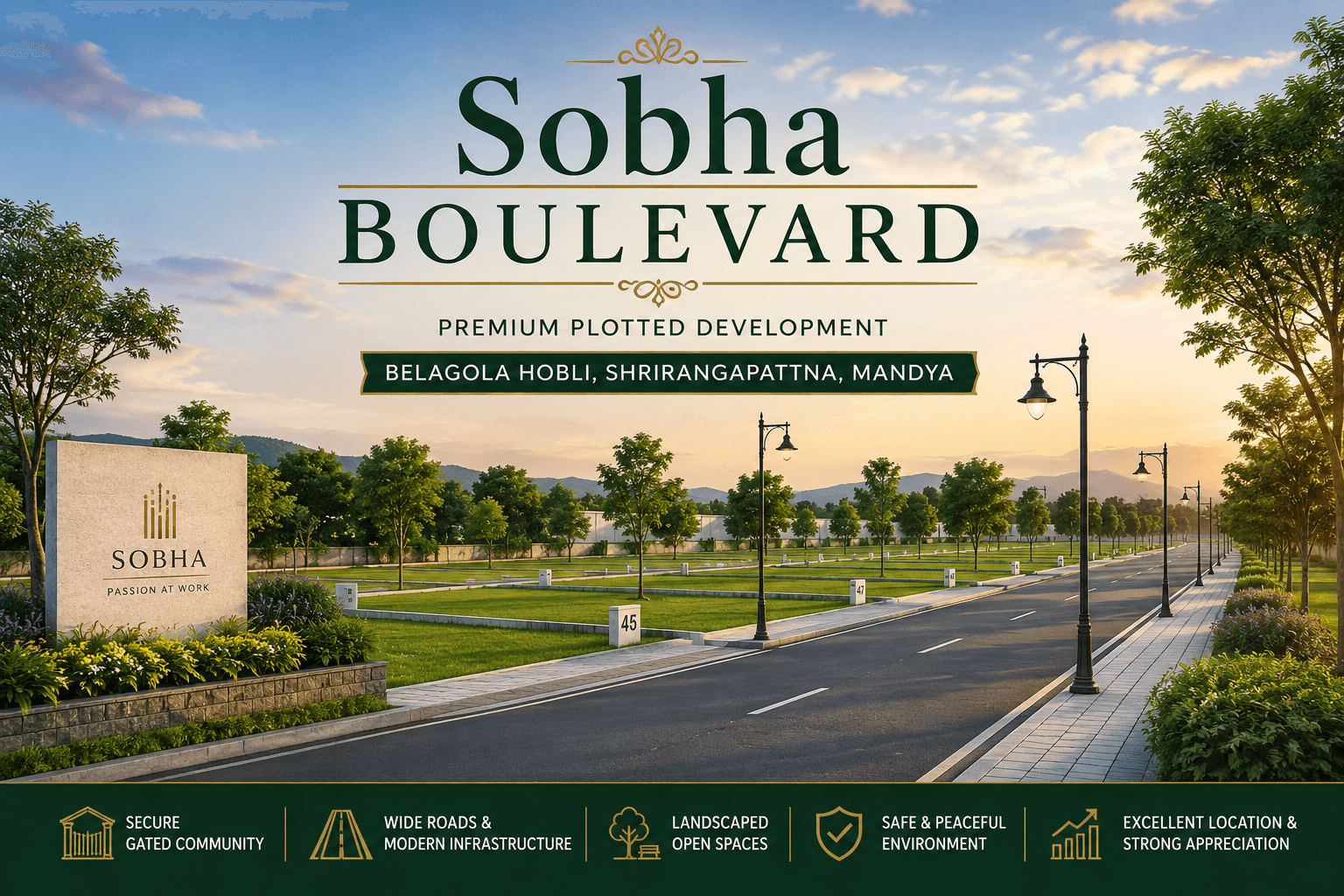 Sobha Boulevard residential plots in Mandya featuring wide internal roads, landscaped open spaces, premium infrastructure, and secure gated community.