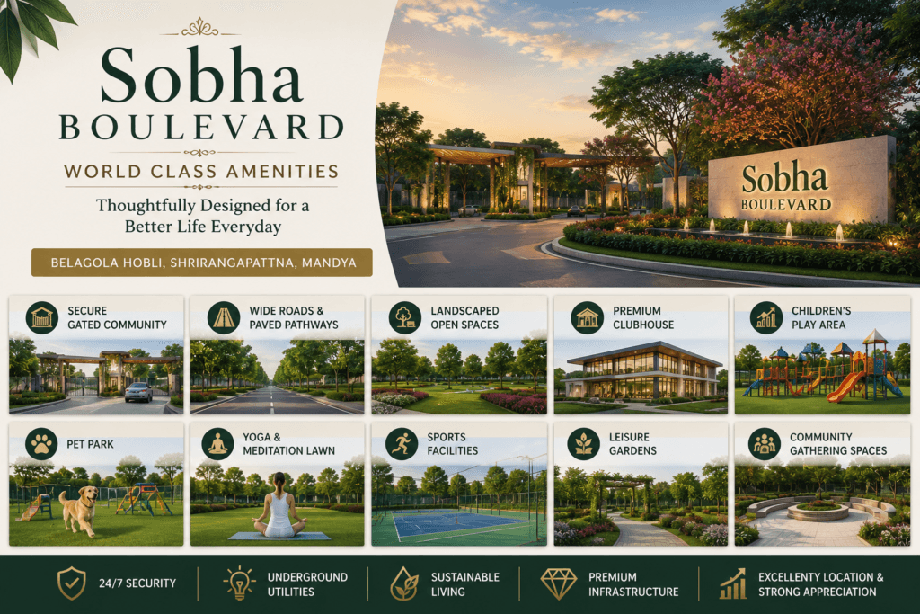 Sobha Boulevard world-class amenities including clubhouse, landscaped gardens, children's play area, sports facilities, yoga lawn, and gated community in Mandya.