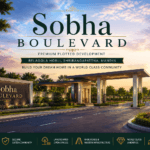 Sobha Boulevard premium plotted development entrance view at Belagola Hobli, Shrirangapattna, Mandya with landscaped roads, gated community, and modern infrastructure.