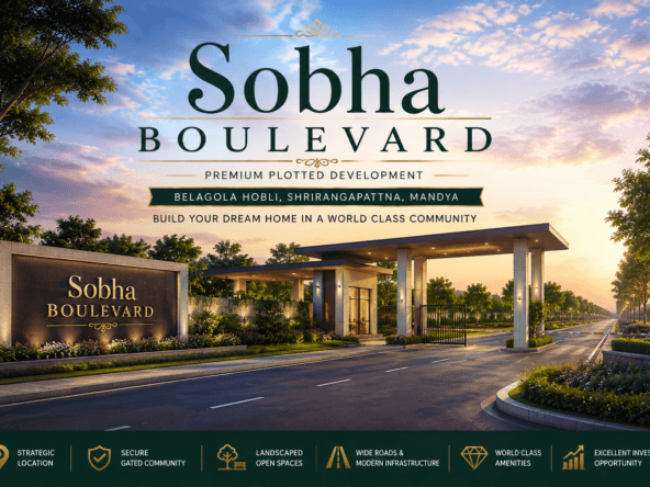 Sobha Boulevard premium plotted development entrance view at Belagola Hobli, Shrirangapattna, Mandya with landscaped roads, gated community, and modern infrastructure.