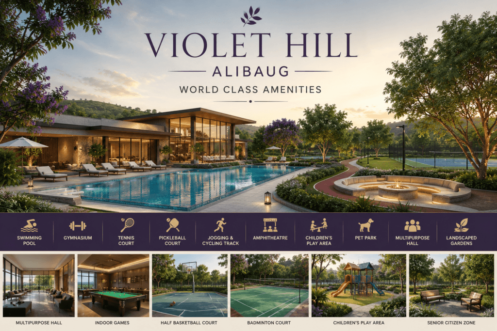 Violet Hill Alibaug world-class amenities including swimming pool, clubhouse, gymnasium, tennis court, landscaped gardens, and recreational facilities