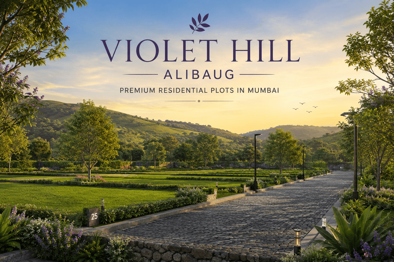 Violet Hill Alibaug plotted development featuring premium residential plots, cobblestone roads, landscaped open spaces, and scenic natural surroundings