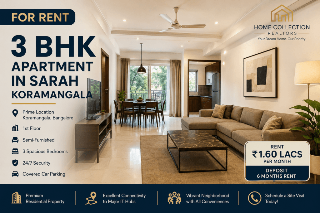 3 BHK semi-furnished apartment for rent in Sarah Koramangala Bangalore featuring modern interiors by Home Collection Realtors