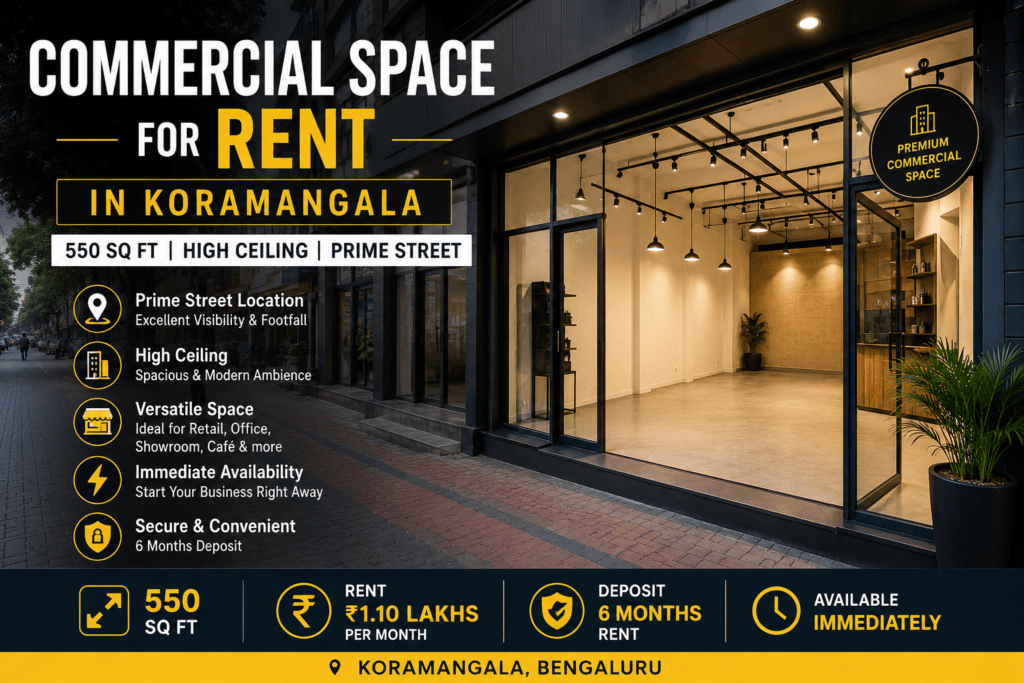 550 Sq Ft Commercial Space for Rent in Koramangala with High Ceiling and Prime Street Frontage
