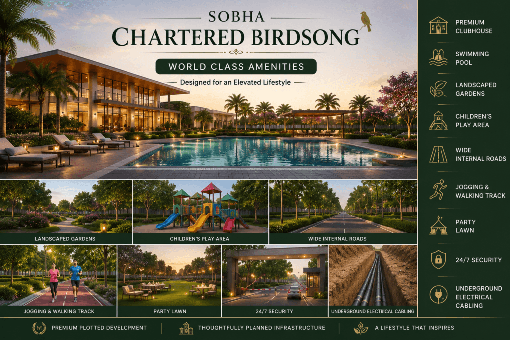Sobha Chartered Birdsong world-class amenities including clubhouse swimming pool landscaped gardens and premium lifestyle facilities