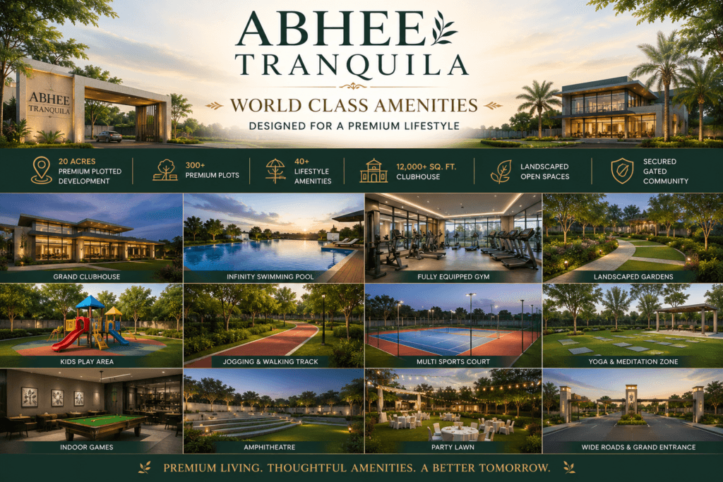Abhee Tranquila world-class amenities including clubhouse, infinity pool, landscaped gardens, fitness center, and premium lifestyle facilities.