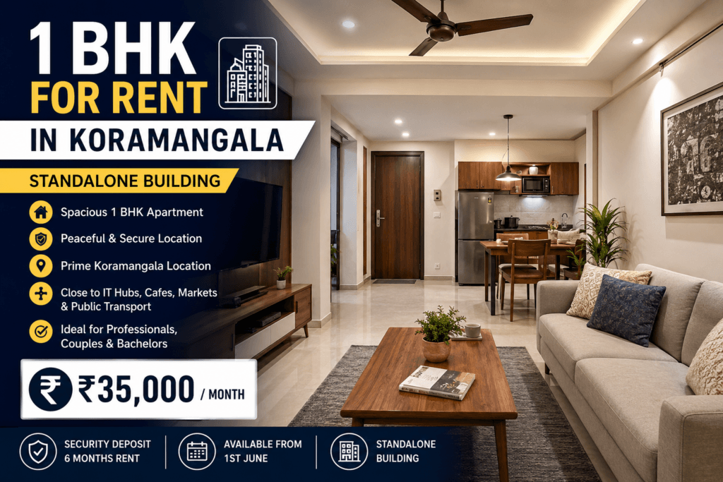 1 BHK for Rent in Koramangala standalone building with modern living room and premium interiors