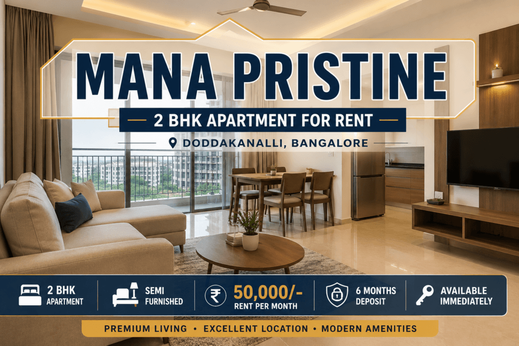 Mana Pristine 2 BHK apartment for rent in Doddakanalli Bangalore with semi furnished interiors available for ₹50,000 per month
