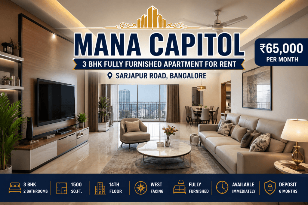 Mana Capitol 3 BHK fully furnished apartment for rent in Sarjapur Road Bangalore with ₹65,000 monthly rent
