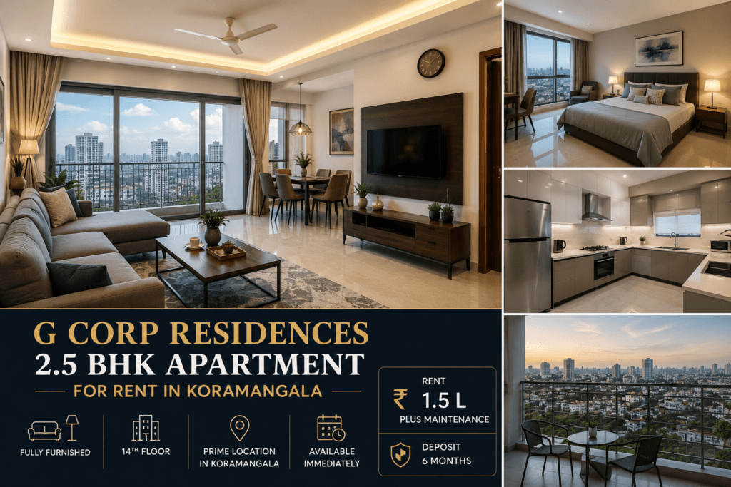 G Corp Residences 2.5 BHK fully furnished apartment for rent in Koramangala with premium interiors