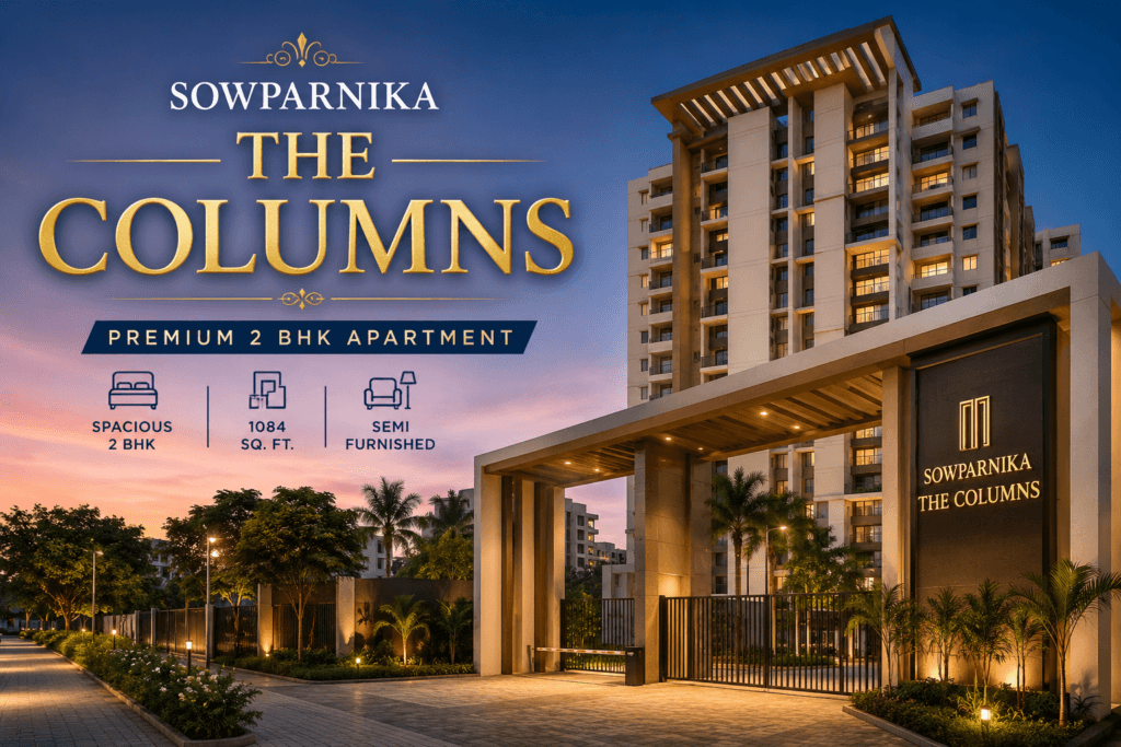 Sowparnika The Columns premium 2 BHK apartment for sale in Bangalore featuring the residential tower, grand entrance, and project title.