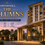 Sowparnika The Columns premium 2 BHK apartment for sale in Bangalore featuring the residential tower, grand entrance, and project title.