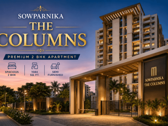 Sowparnika The Columns premium 2 BHK apartment for sale in Bangalore featuring the residential tower, grand entrance, and project title.