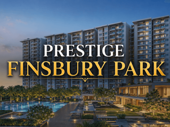 Prestige Finsbury Park featured banner with modern residential towers, showcasing the project title and starting price of ₹1.35 Crore in the center.