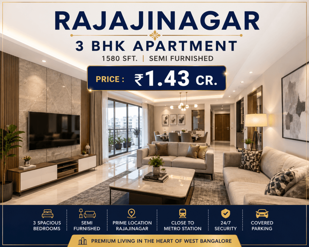 Rajajinagar 3 BHK Apartment for Sale – 1580 Sq. Ft. Semi Furnished Apartment priced at ₹1.43 Cr in Bangalore