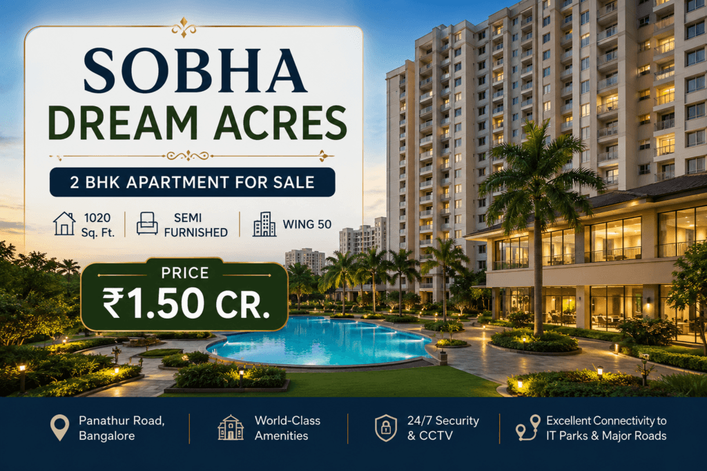 SOBHA DREAM ACRES 2 BHK Apartment for Sale in Panathur Bangalore – 1020 Sq. Ft. Semi Furnished Home priced at ₹1.50 Cr