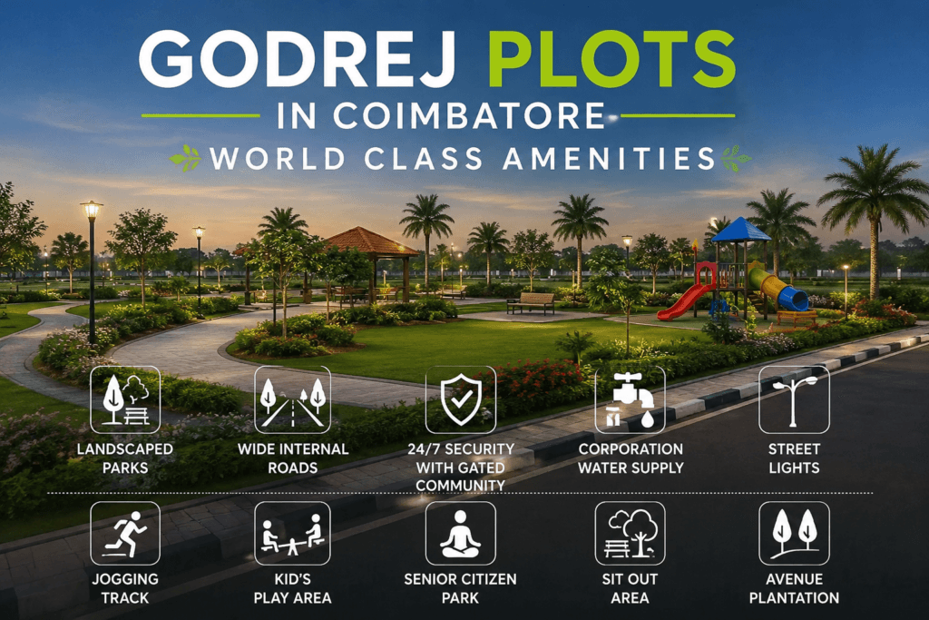 Godrej Plots in Coimbatore world-class amenities including landscaped parks, jogging track, children's play area, wide internal roads, and secure gated community.