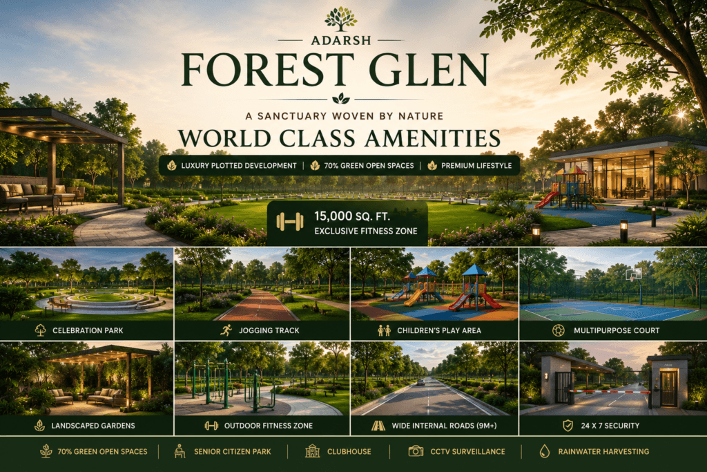 Adarsh Forest Glen world class amenities featuring fitness zone celebration park landscaped gardens children's play area and premium lifestyle facilities