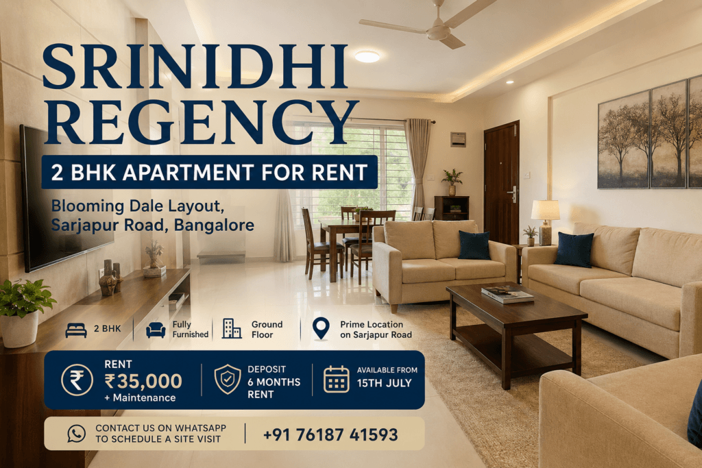 Srinidhi Regency 2 BHK Apartment for Rent in Blooming Dale Layout, Sarjapur Road - Fully Furnished Ground Floor Home