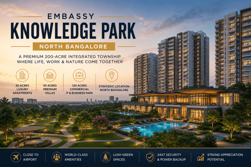 Embassy Knowledge Park North Bangalore master plan showing 200-acre integrated township with apartments, luxury villas and 120-acre commercial IT Business Park