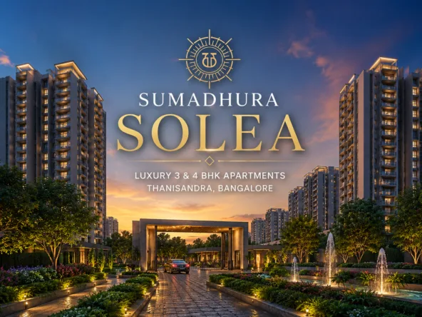 Sumadhura Solea luxury 3 & 4 BHK apartments in Thanisandra Bangalore with premium residential towers and landscaped entrance