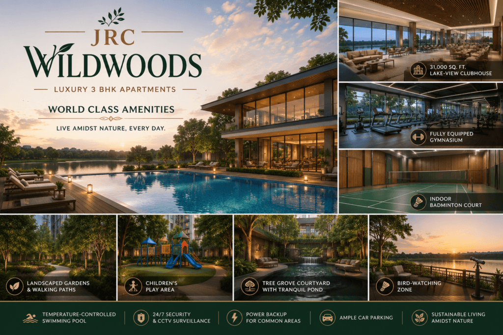JRC Wildwoods world-class amenities including lake-view clubhouse, swimming pool, gym, indoor badminton court, landscaped gardens, and children's play area