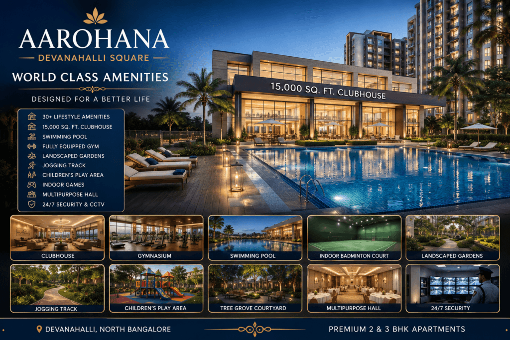 Aarohana Devanahalli Square World Class Amenities with Clubhouse Swimming Pool and Gym