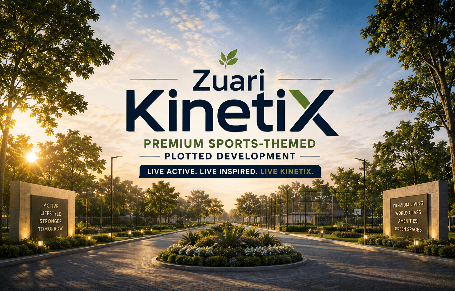 Zuari KinetiX Premium Sports-Themed Plotted Development in North Bangalore with landscaped entrance and gated community